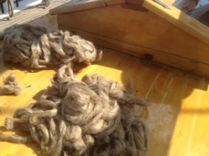 I spun this oakum sitting on the deck of the Grace Bailey as she traveled to the ship yard